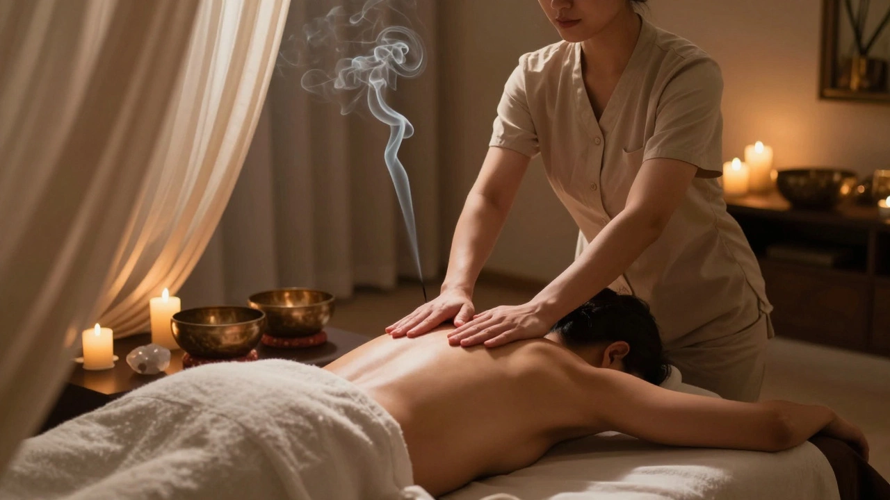 A serene tantric massage session in a candlelit room, focused on mindfulness and relaxation.