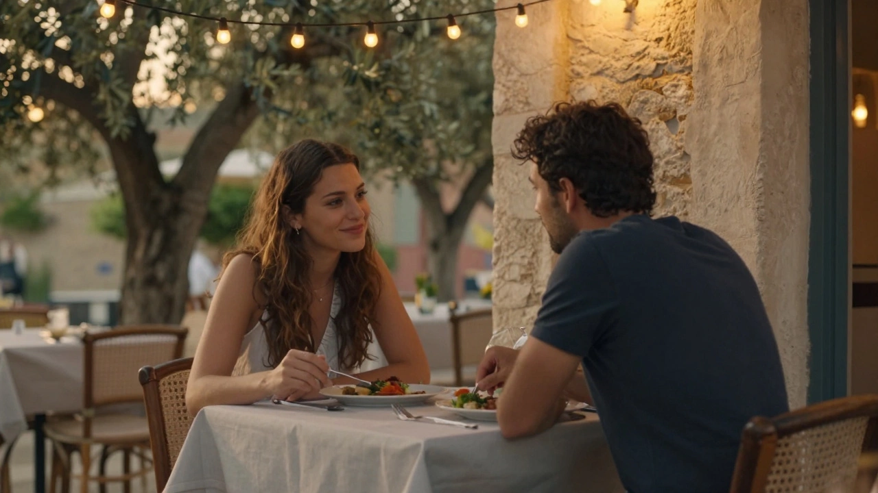 Two people share a quiet dinner at a rustic restaurant near Montpellier&#039;s gardens, engaged in thoughtful conversation.
